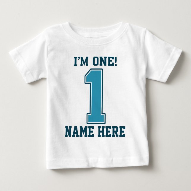 Personalised Name, I'm One, Big Blue Number 1 Baby T-Shirt (Front)