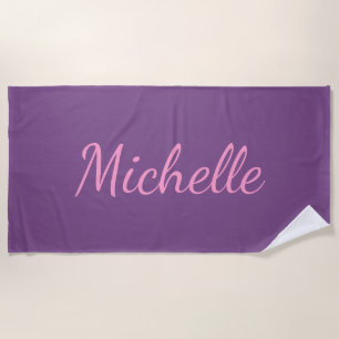 Personalised Name in Pink Script on Purple Beach Towel