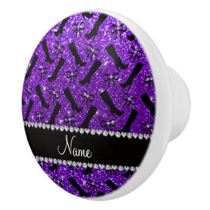 Personalised name indigo purple glitter boots bows ceramic knob