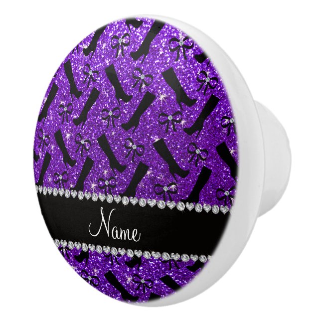 Personalised name indigo purple glitter boots bows ceramic knob (Right)