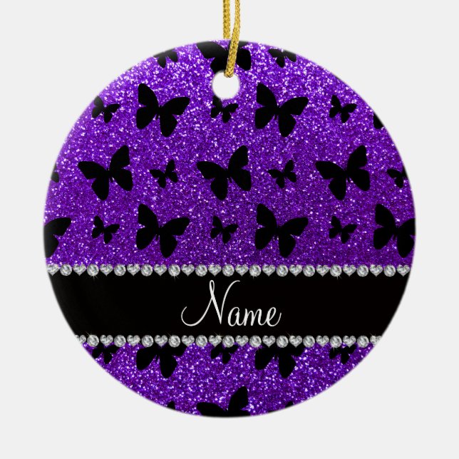 Personalised name indigo purple glitter butterfly ceramic ornament (Front)