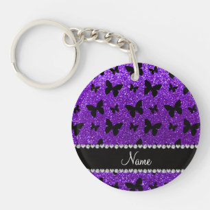 Personalised name indigo purple glitter butterfly key ring