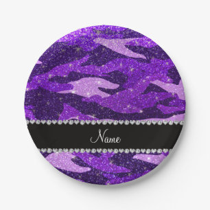 Personalised name indigo purple glitter camouflage paper plate