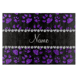 Personalised name indigo purple glitter cat paws cutting board