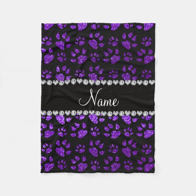 Personalised name indigo purple glitter cat paws fleece blanket (Front)