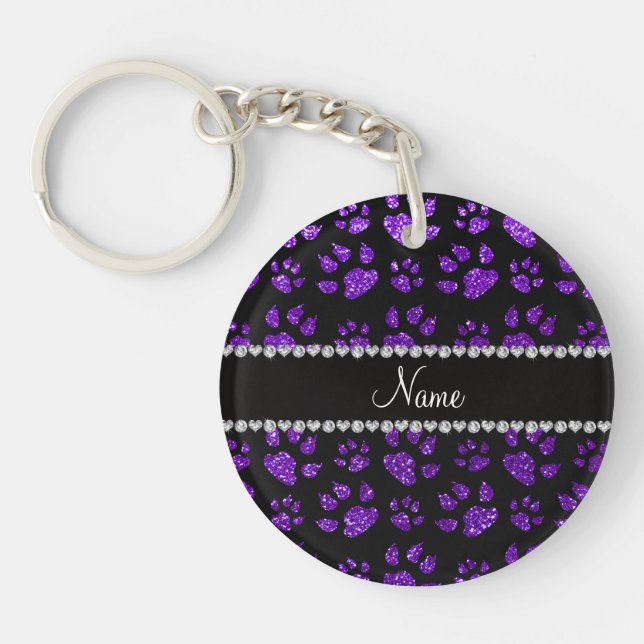 Personalised name indigo purple glitter cat paws key ring (Front)