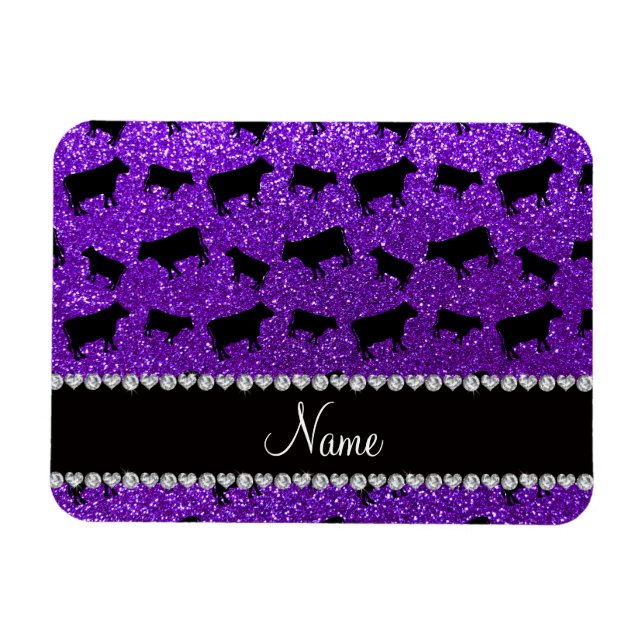 Personalised name indigo purple glitter cows magnet (Horizontal)
