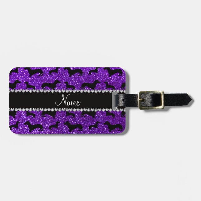 Personalised name indigo purple glitter dachshunds luggage tag (Front Horizontal)