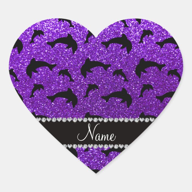 Personalised name indigo purple glitter dolphins heart sticker (Front)