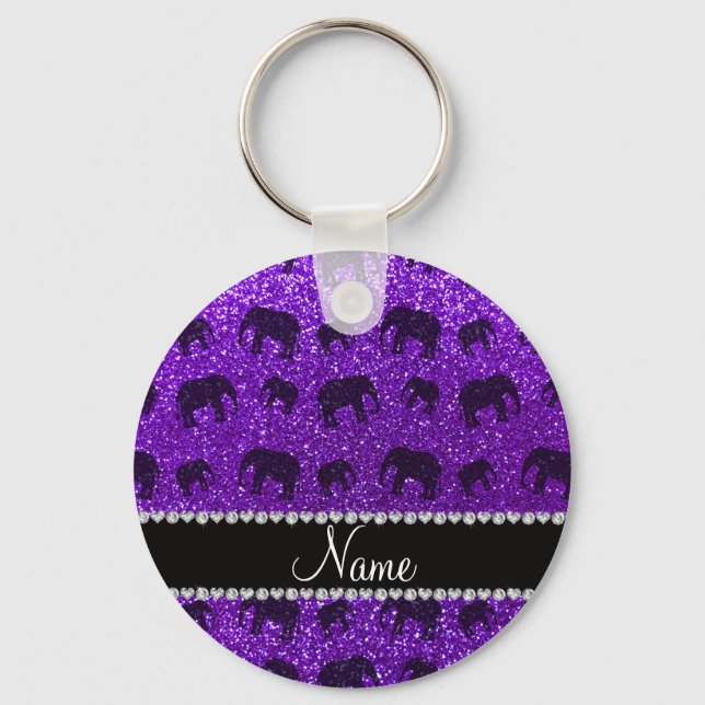 Personalised name indigo purple glitter elephants key ring (Front)
