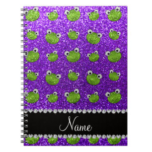 Personalised name indigo purple glitter frogs notebook