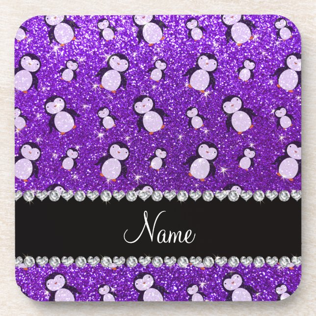 Personalised name indigo purple glitter penguins coaster (Front)