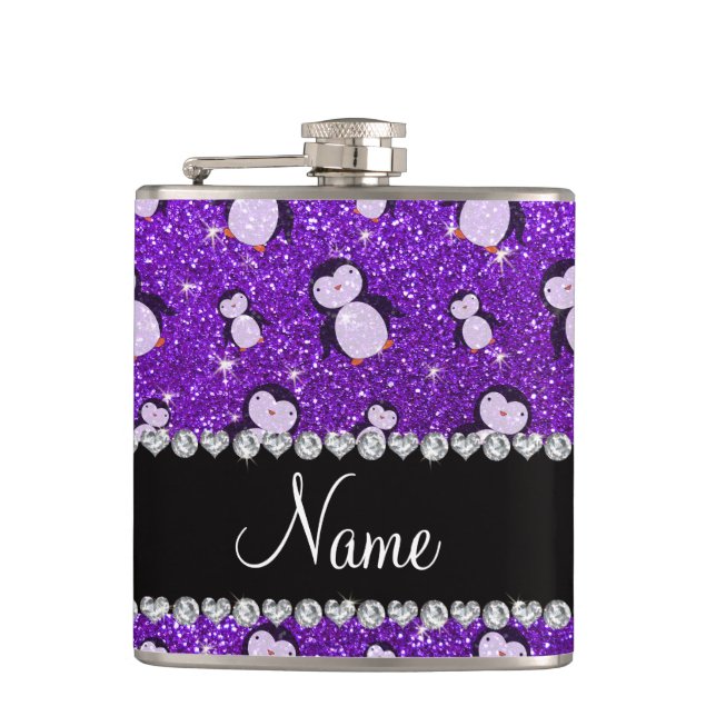 Personalised name indigo purple glitter penguins hip flask (Front)