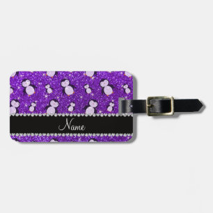 Personalised name indigo purple glitter penguins luggage tag