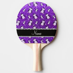 Personalised name indigo purple glitter penguins ping pong paddle