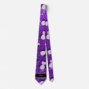 Personalised name indigo purple glitter penguins tie