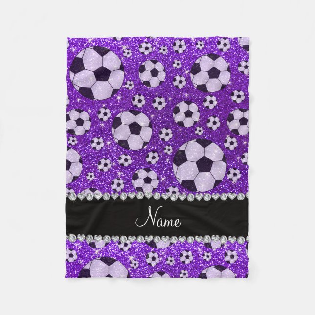 Personalised name indigo purple glitter soccer fleece blanket (Front)