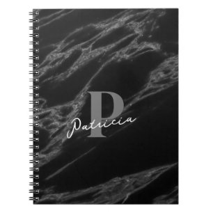 Personalised Name Initial Modern Marble Black Notebook
