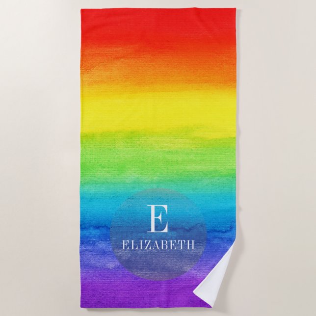 Personalised Name Initial Rainbow Watercolor Beach Towel (Front)