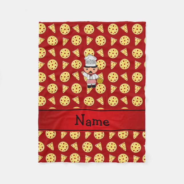 Personalised name italian chef red pizza pattern fleece blanket (Front)