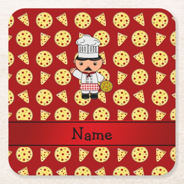 Personalised name italian chef red pizza pattern square paper coaster (Front)