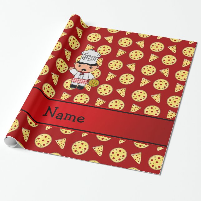 Personalised name italian chef red pizza pattern wrapping paper (Unrolled)