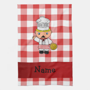 Personalised name italian chef red white checkers tea towel