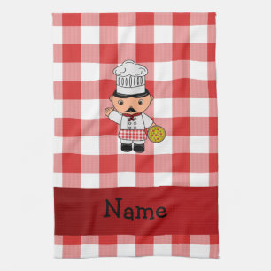 Personalised name italian chef red white checkers tea towel