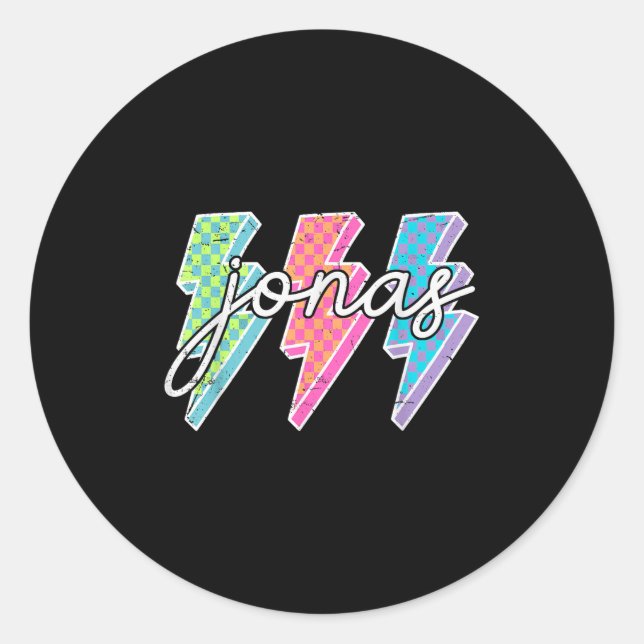 Personalised Name Jonas Lightning Bolt Chequered  Classic Round Sticker (Front)