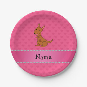 Personalised name kangaroo pink hearts paper plate