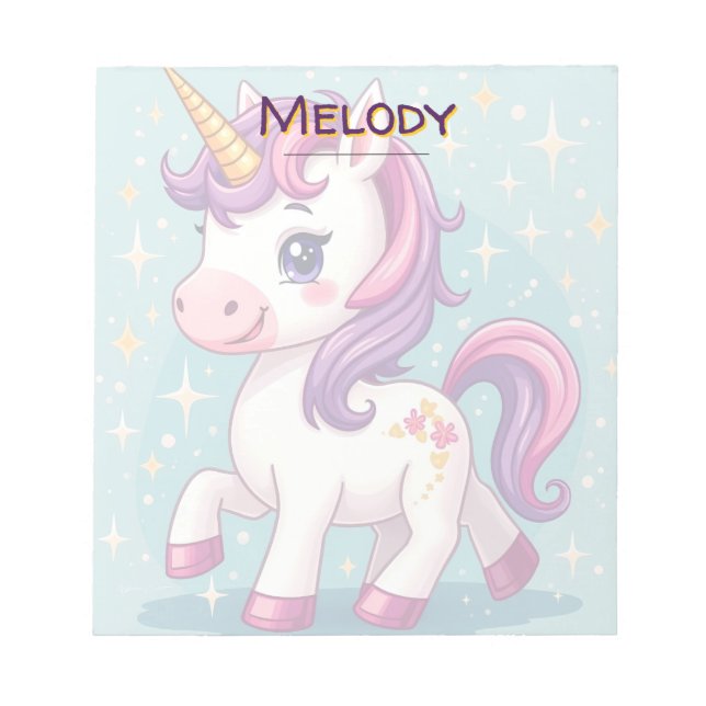 Personalised Name Kawaii Sparkle Unicorn  Notepad (Front)