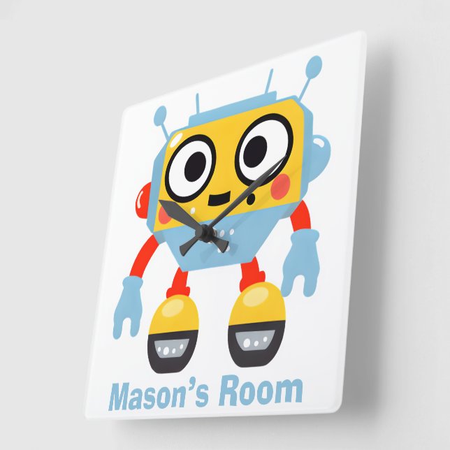Personalised Name Kid’s Wall Clock Cute Robot  (Angle)