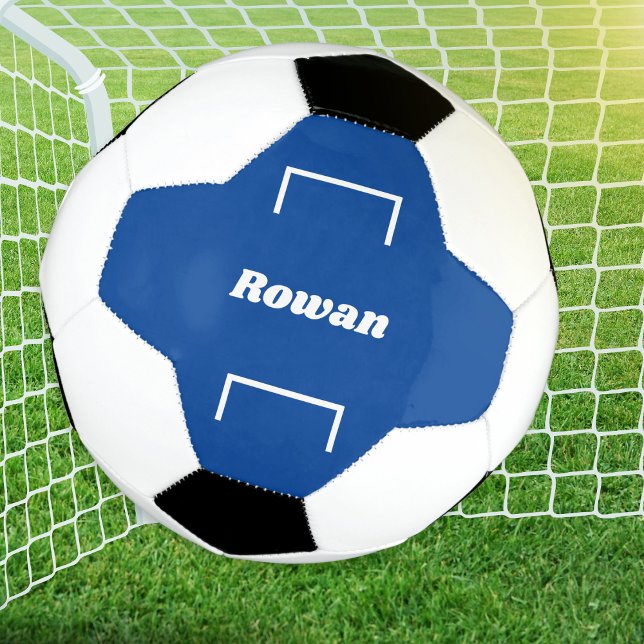 Personalised Name Kids Blue Modern Cool Football Soccer Ball (A personalized blue and white football (soccer ball) with goals design)