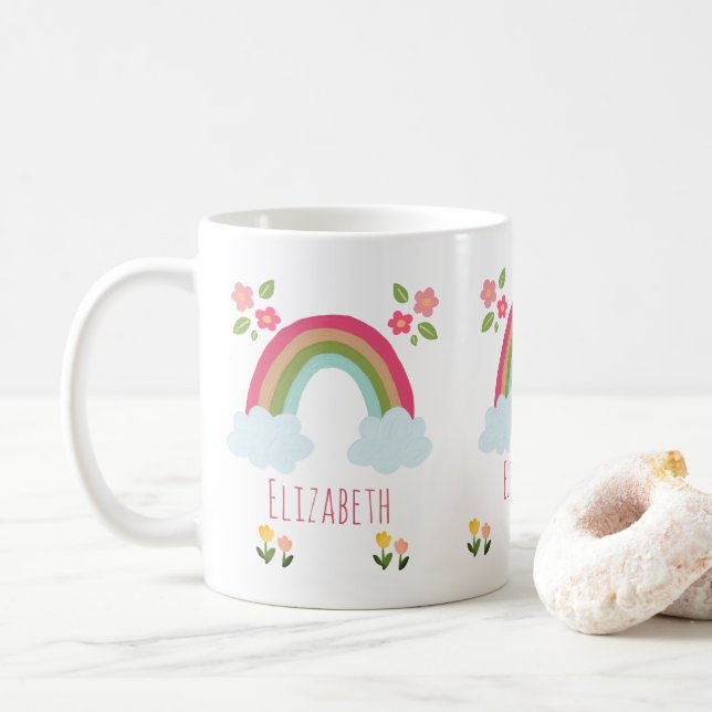 Personalised name Kids Cute rainbow girl pink  Coffee Mug (With Donut)