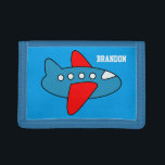 Personalised name kids wallet with toy aeroplane<br><div class="desc">Personalised kids wallet with toy aeroplane. Cute Birthday or Christmas gift idea for little boys Personalizable with name or monogram letter of your child. Make one for your son,  grandson,  nephew etc. Colourful aviation theme design. Airline plane illustration.</div>
