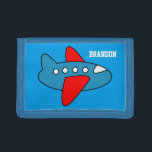 Personalised name kids wallet with toy aeroplane<br><div class="desc">Personalised kids wallet with toy aeroplane. Cute Birthday or Christmas gift idea for little boys Personalizable with name or monogram letter of your child. Make one for your son,  grandson,  nephew etc. Colourful aviation theme design. Airline plane illustration.</div>