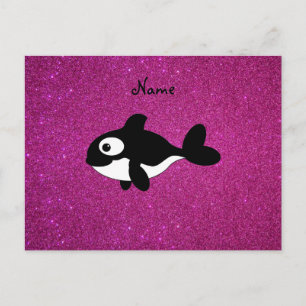 Personalised name killer whale pink glitter postcard