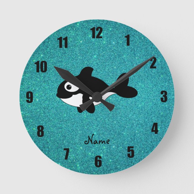 Personalised name killer whale turquoise glitter round clock (Front)