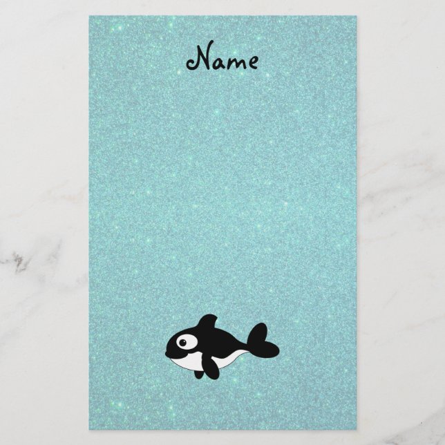 Personalised name killer whale turquoise glitter stationery (Front)