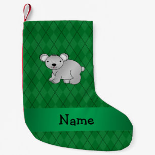 Personalised name koala bear green argyle small christmas stocking