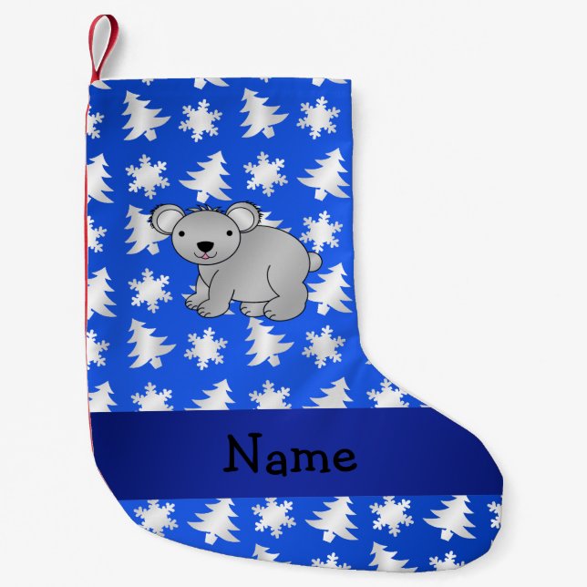 Personalised name koala blue snowflakes trees small christmas stocking (Front)