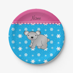 Personalised name koala sky blue snowflakes paper plate