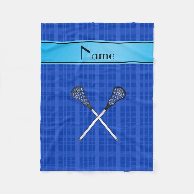 Personalised name lacrosse blue plaid fleece blanket (Front)