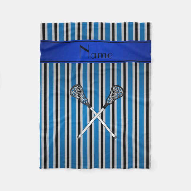 Personalised name lacrosse blue silver stripes fleece blanket (Front)