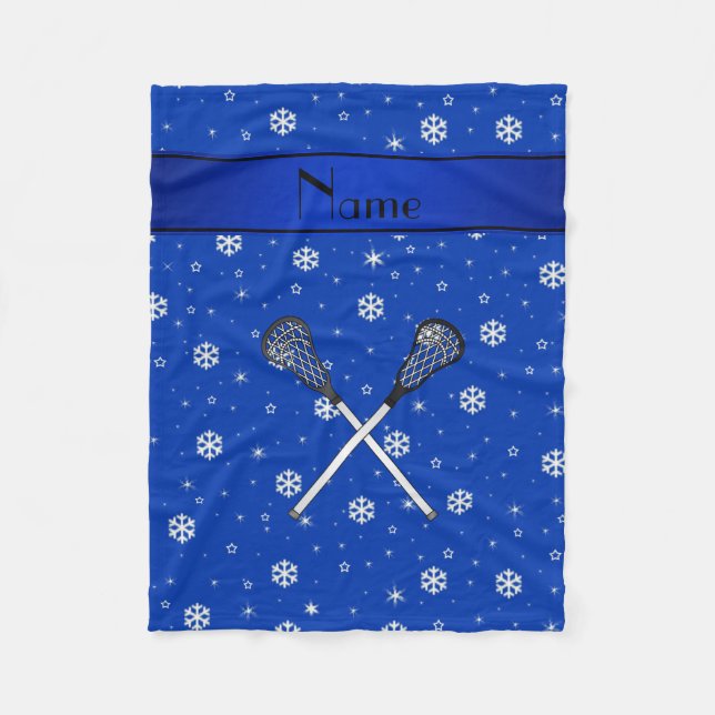 Personalised name lacrosse blue snowflakes fleece blanket (Front)