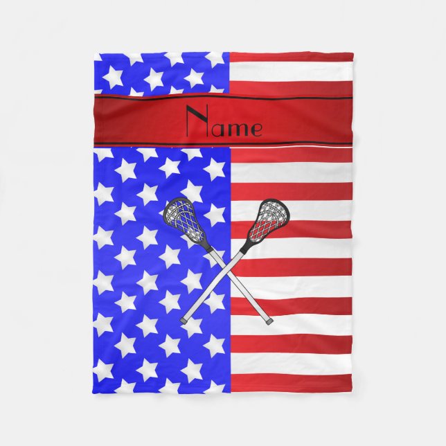 Personalised name lacrosse patriotic stars stripes fleece blanket (Front)