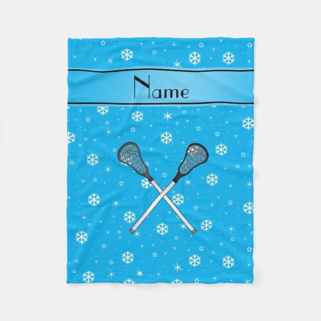 Personalised name lacrosse sky blue snowflakes fleece blanket (Front)