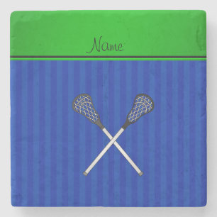 Personalised name lacrosse sticks blue stripes stone coaster
