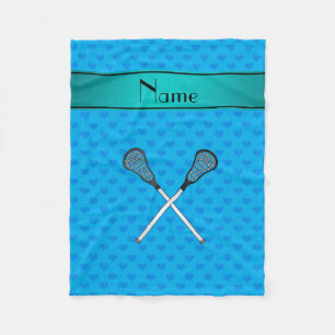 Personalised name lacrosse sticks sky blue hearts fleece blanket