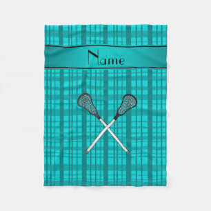 Personalised name lacrosse turquoise plaid fleece blanket